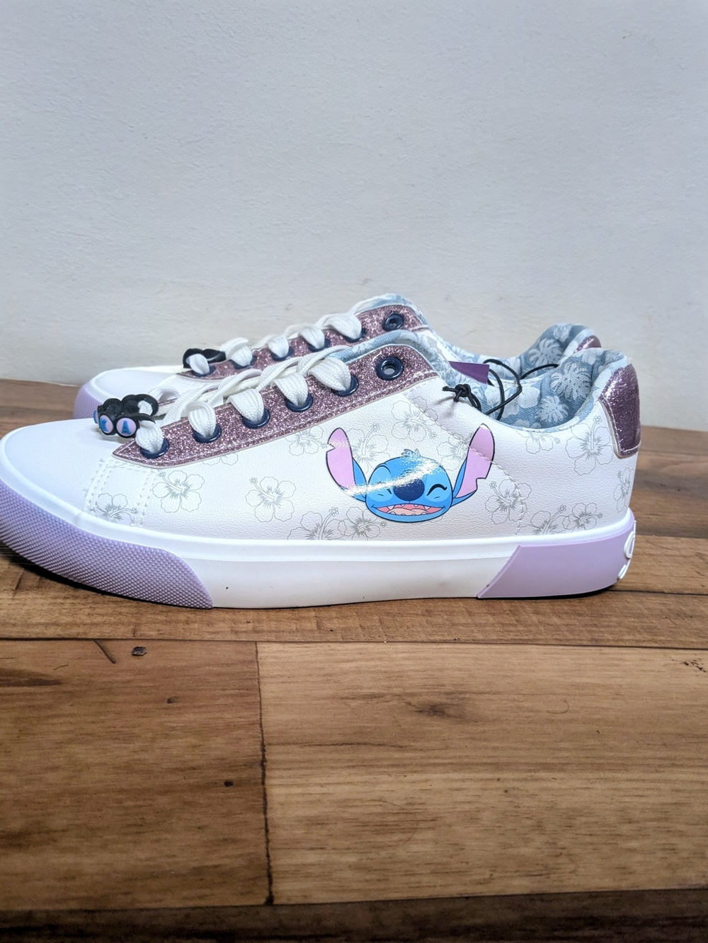 Women's White Sneakers with Lavender Accents and Cartoon Graphic